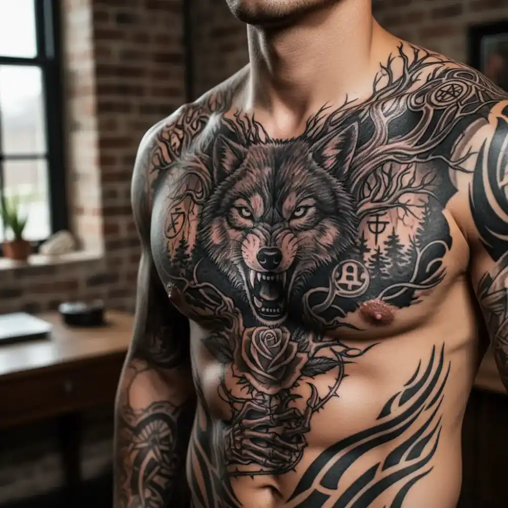 Detailed chest tattoo piece