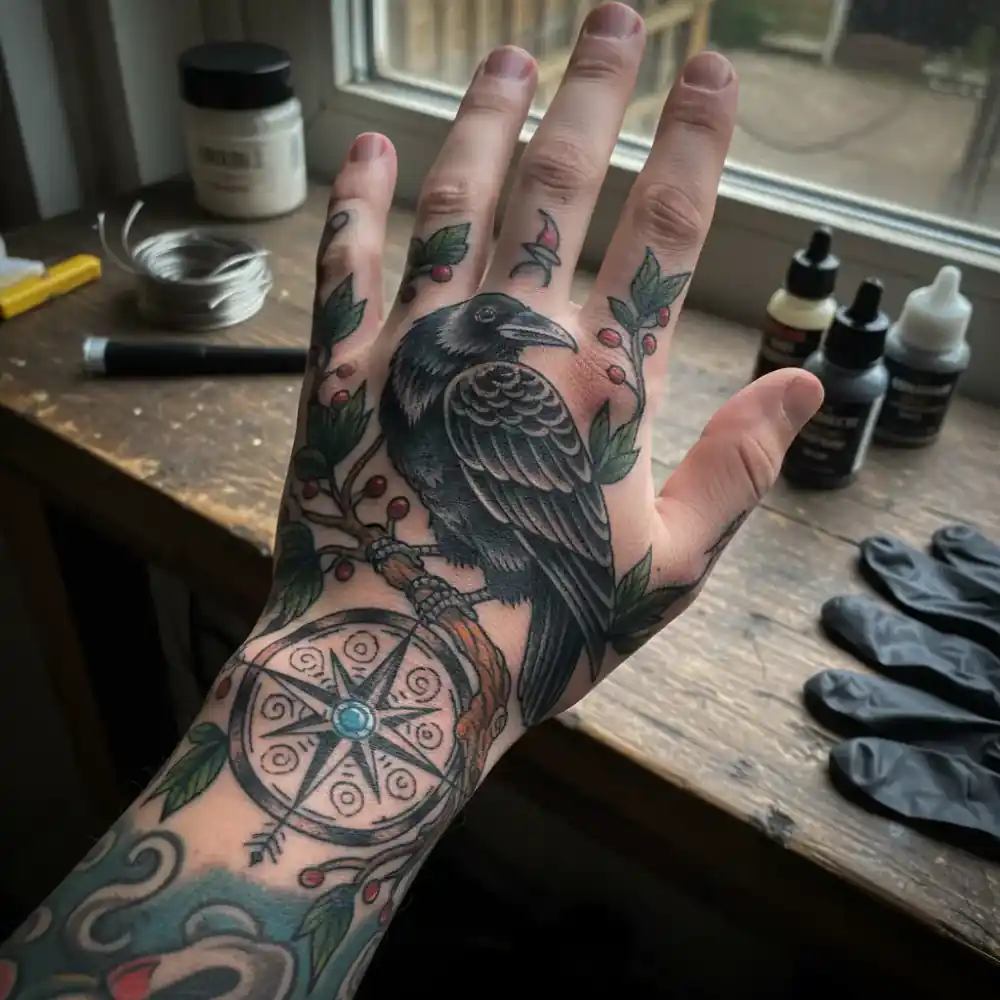 Neotraditional hand tattoo